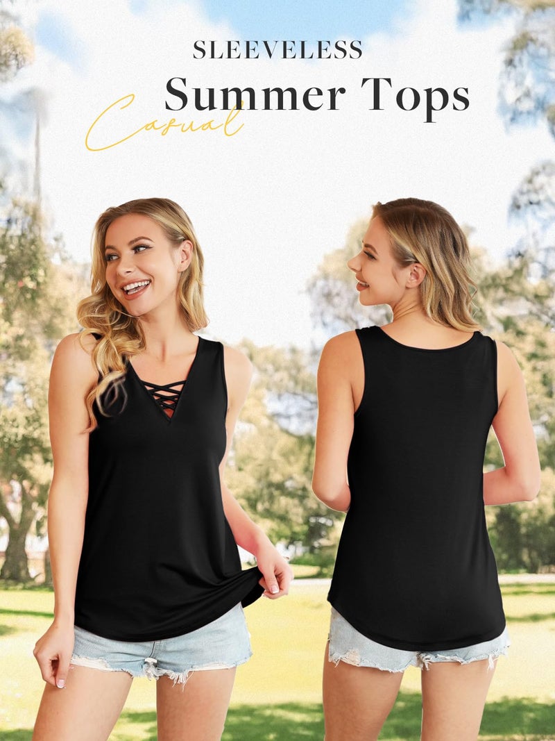 Feiersi Women's Summer Sleeveless Criss Cross Casual Tank Tops Basic Blouse Black Small - Image 3